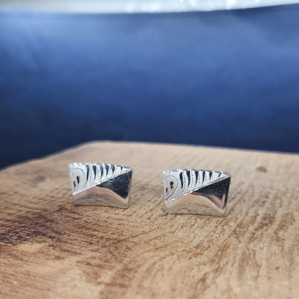 Vintage Etched Sterling‎ Silver Rectangular Cuff Links Engraved